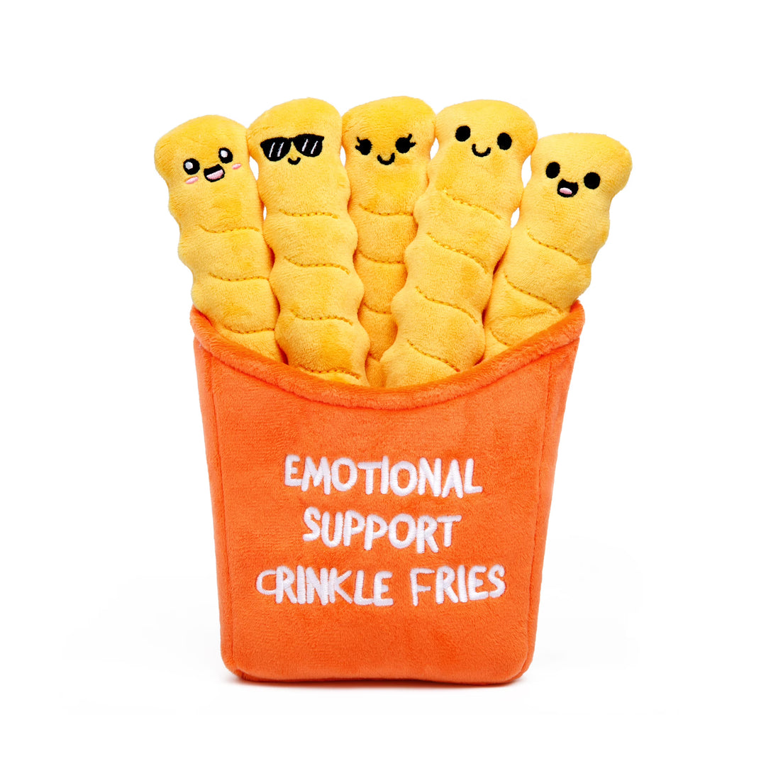 A plush toy set shaped like five golden french fries in an orange container labeled &