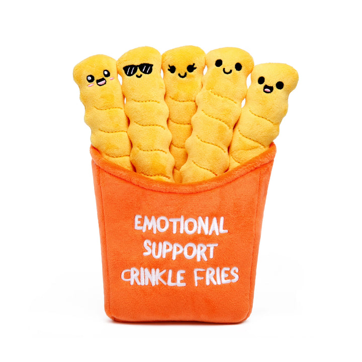 A plush toy set shaped like five golden french fries in an orange container labeled &
