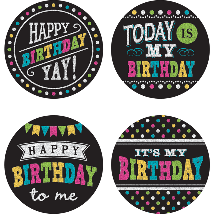 Chalkboard Brights Happy Birthday Wear 'Em Badges-Birthday-Tools 4 Teaching-Classroom Decor and More