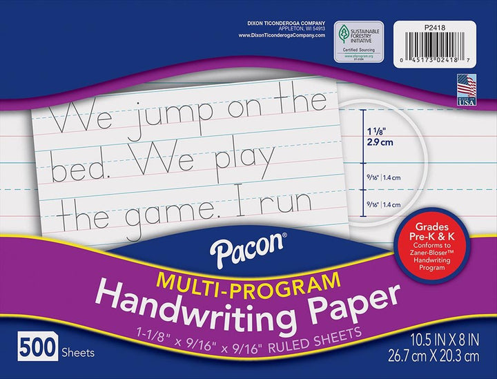Pacon® Multi-Program Handwriting Paper, Pre-K & K 10-1/2" X 8", Ruled Long Zaner-Bloser Grades Pre-K & K 500 Sheets-Story Paper-Tools 4 Teaching-Classroom Decor and More