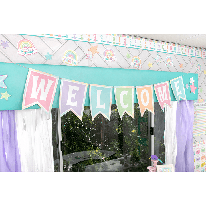 Pastel Pop Pennants Welcome Bulletin Board-Bulletin Board Sets-Tools 4 Teaching-Classroom Decor and More