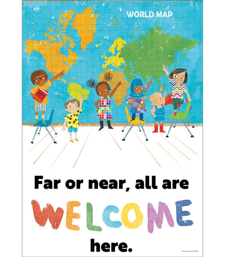 All Are Welcome: Far or near, all are welcome here. Poster-Posters-Tools 4 Teaching-Classroom Decor and More
