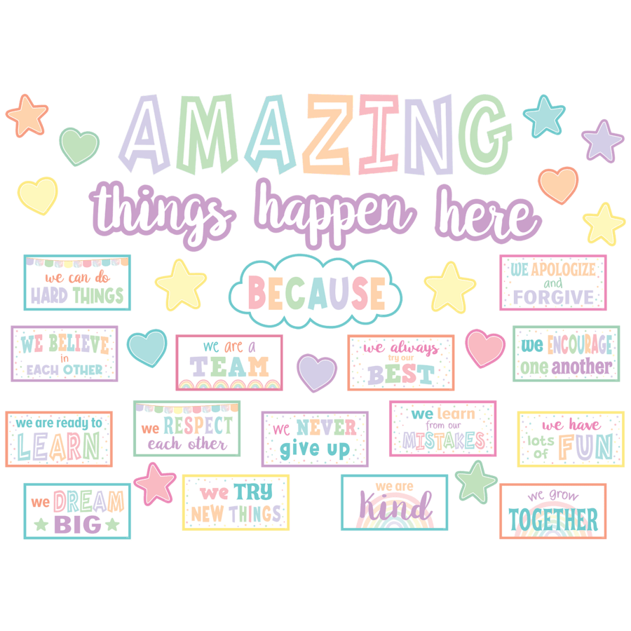 Pastel Pop Amazing Things Happen Here Bulletin Board-Bulletin Board Sets-Tools 4 Teaching-Classroom Decor and More