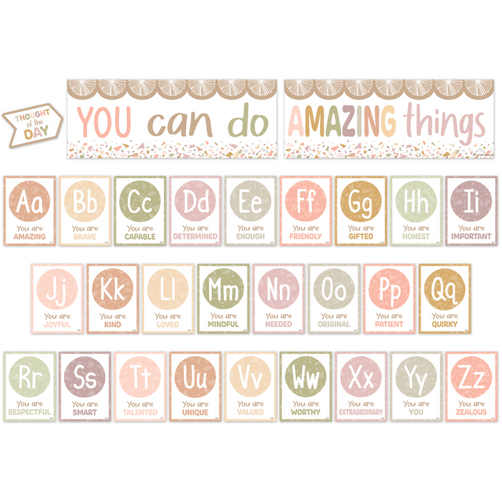 Terrazzo Tones Alphabet Affirmations Bulletin Board-Bulletin Board Sets-Tools 4 Teaching-Classroom Decor and More