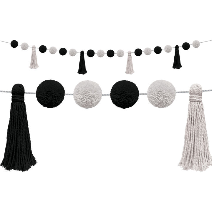 Black and White Pom-Poms and Tassels Garland-Garland-Tools 4 Teaching-Classroom Decor and More