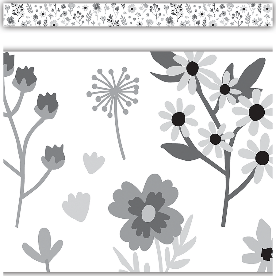 Black and White Floral Straight Border Trim-Borders-Tools 4 Teaching-Classroom Decor and More