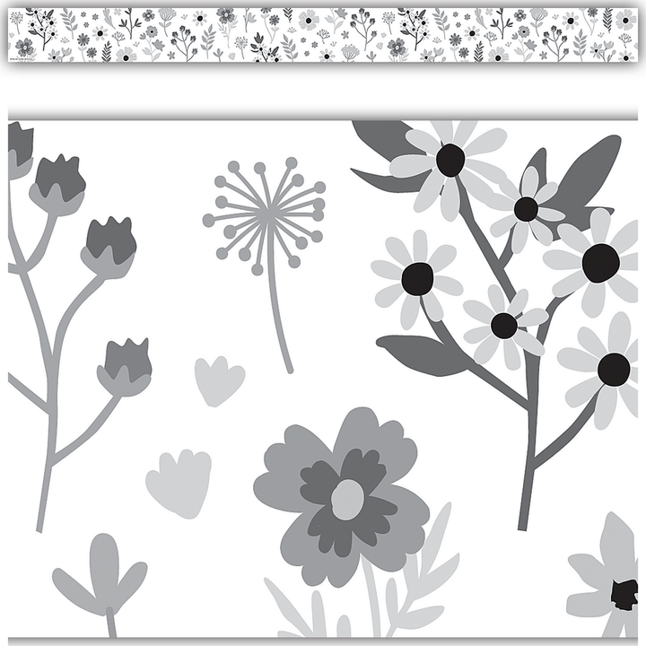 Black and White Floral Straight Border Trim-Borders-Tools 4 Teaching-Classroom Decor and More
