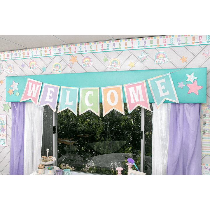 Pastel Pop Pennants Welcome Bulletin Board-Bulletin Board Sets-Tools 4 Teaching-Classroom Decor and More